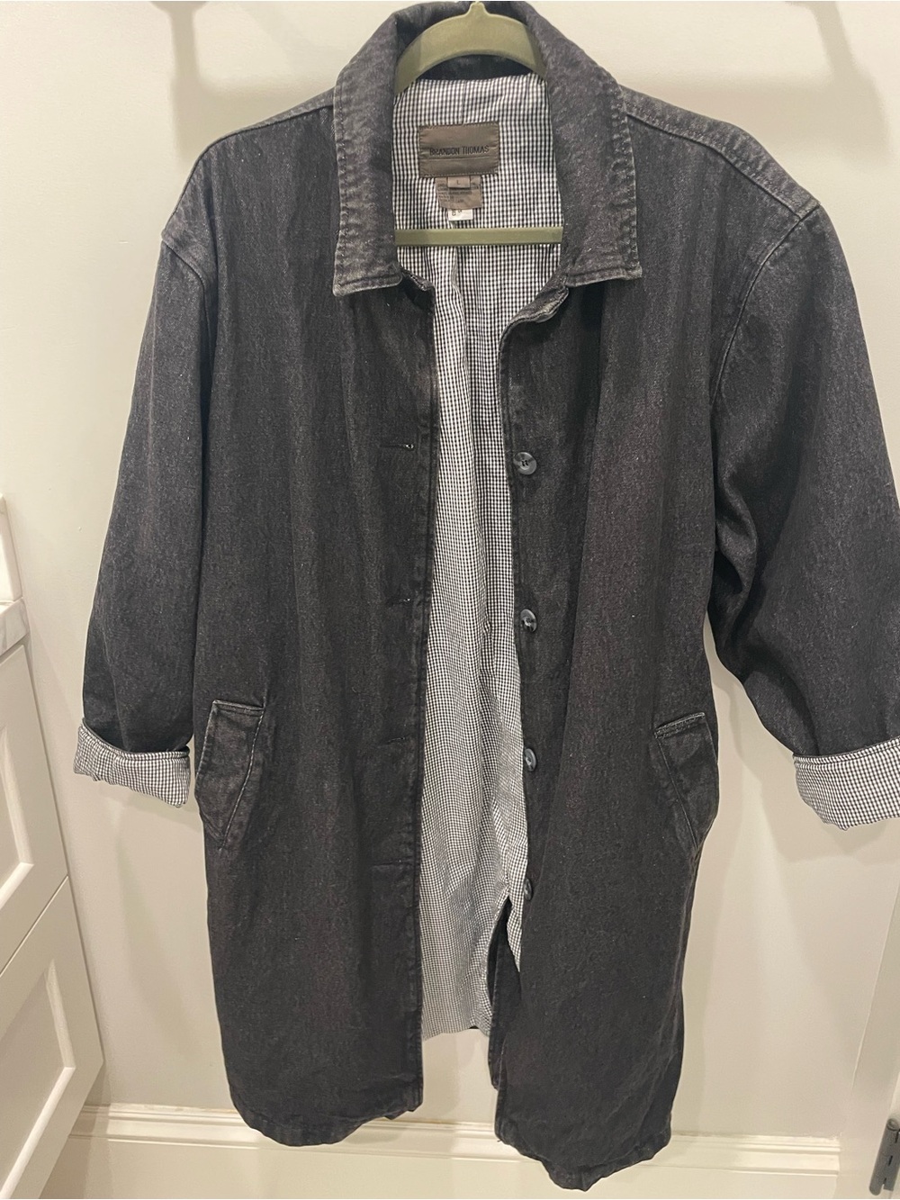 Vintage Brandon Thomas Black Denim Chore Coat with Gingham Lining